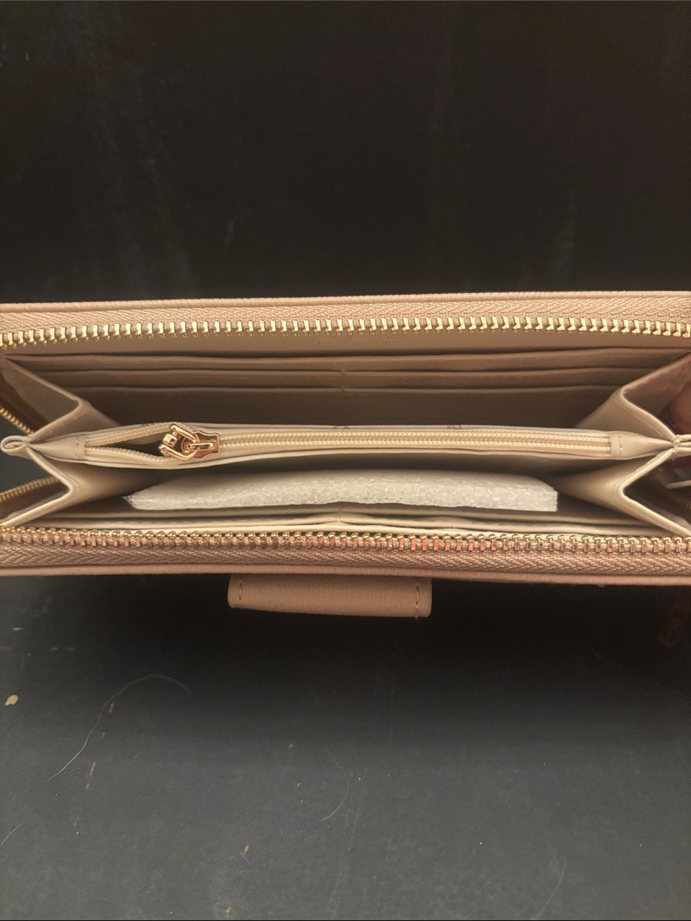 bebe Beige Zip-Around Leather Wallet with Gold Hardware